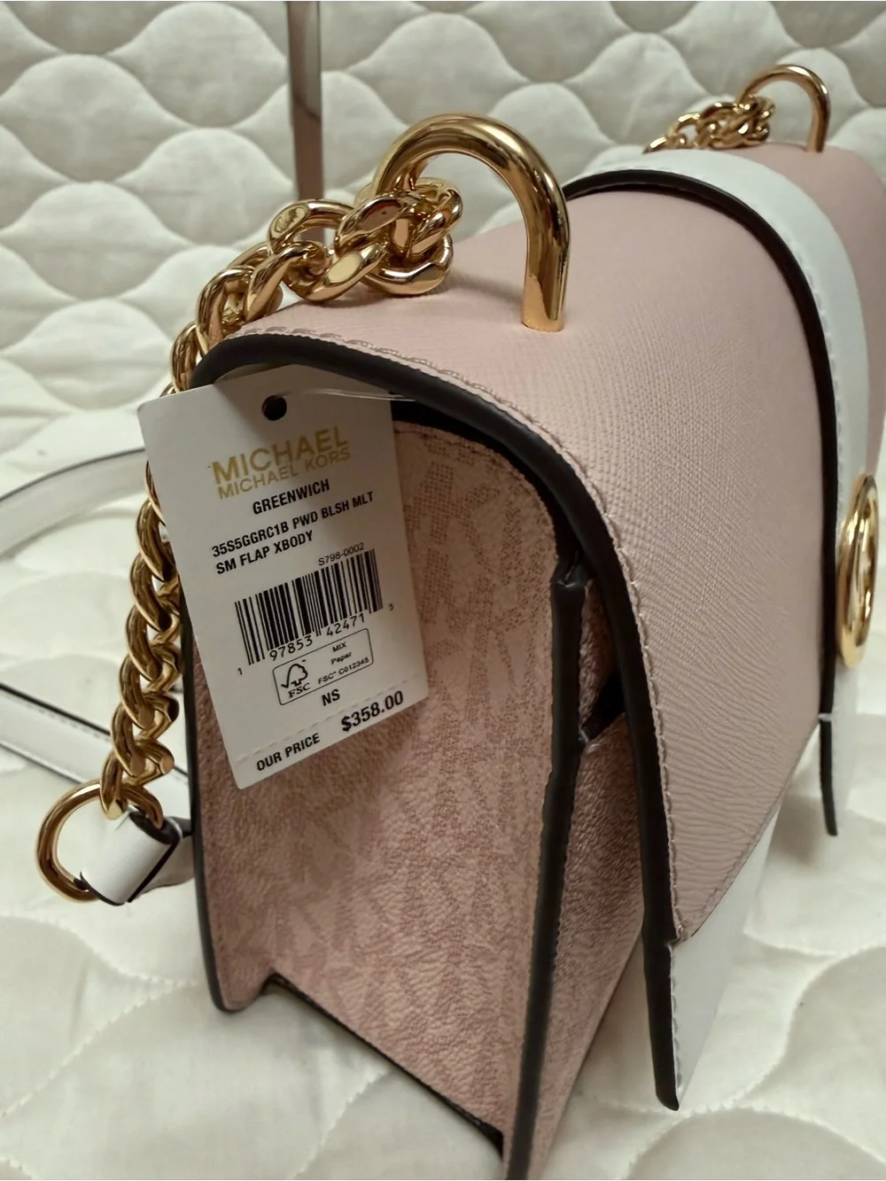 Michael Kors Blush Pink & White Leather Shoulder Bag with Gold MK Accent